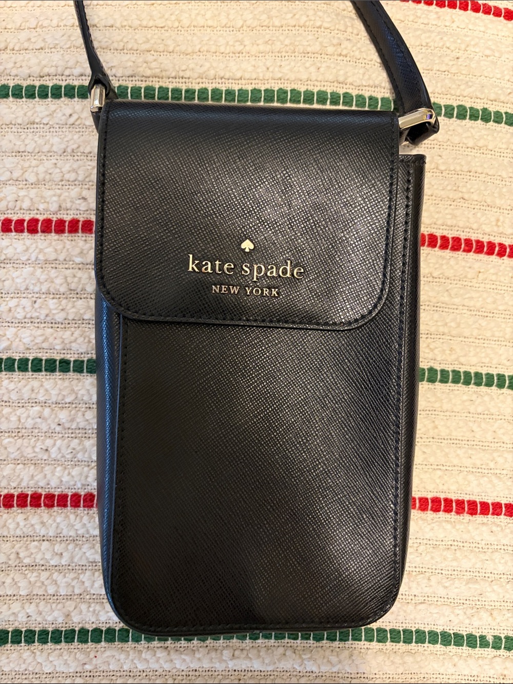 kate spade black saffiano belt bag with gold logo